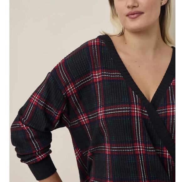 Torrid Brushed Waffle Surplice Drop Shoulder Top Womens Size 1X Black Red Plaid - Picture 4 of 12